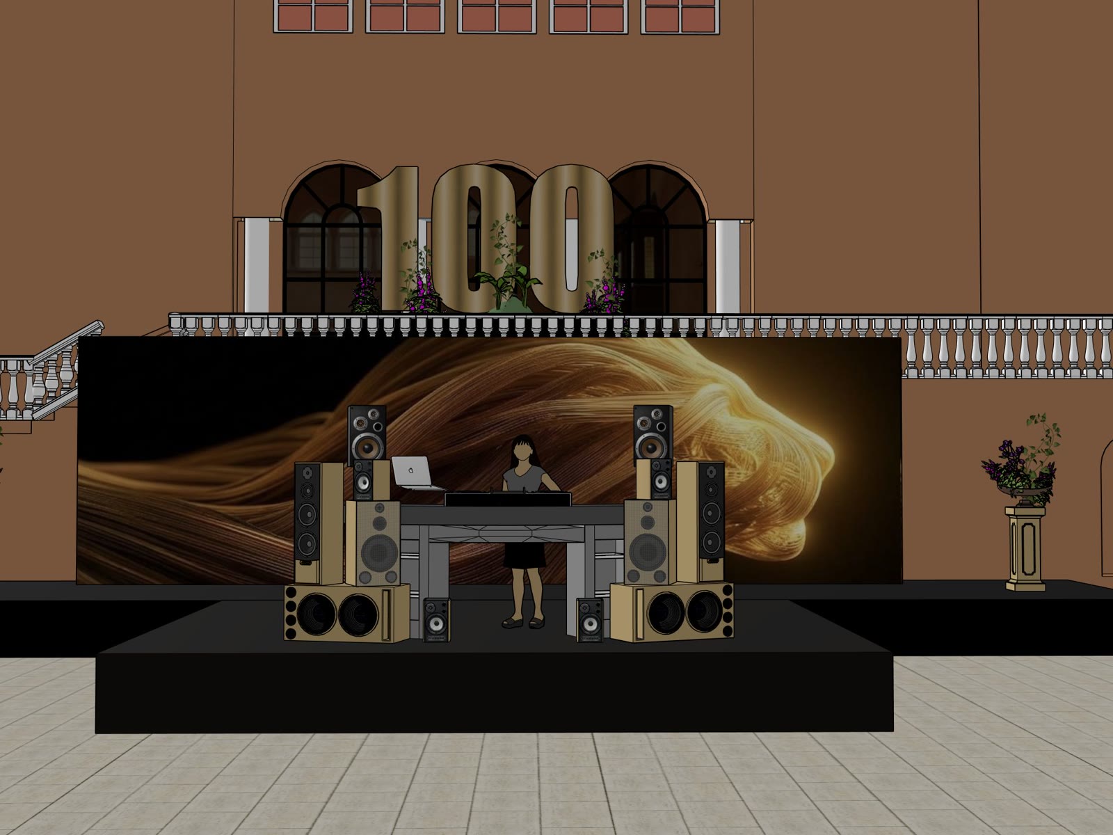 3D-skiss av scenen på kvällen